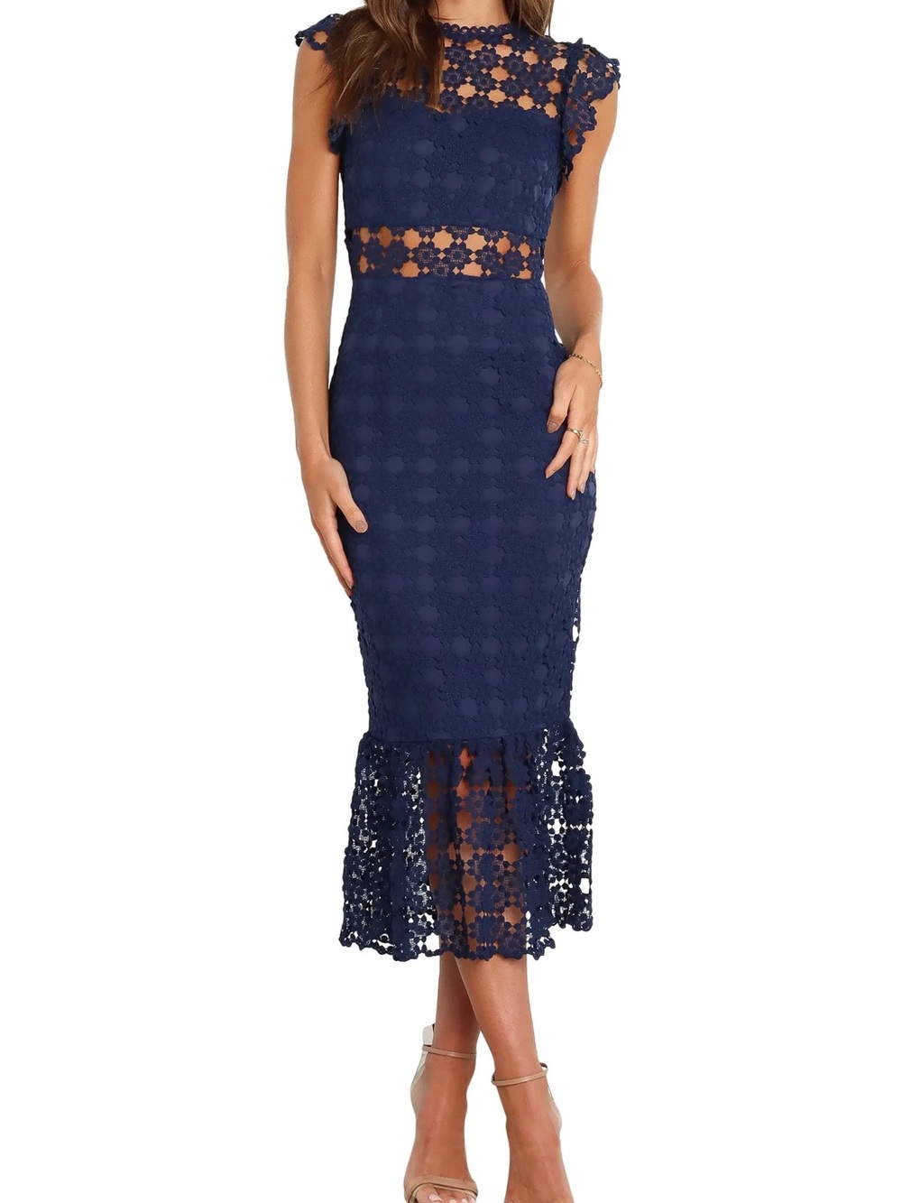 Petal & Pup Navy Crochet Lace Midi Dress with Sheer Waist